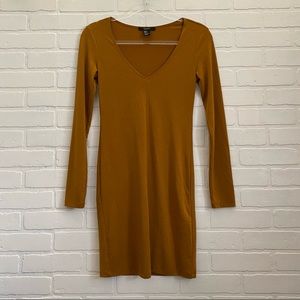 Deep Mustard v-neck long sleeve body con dress